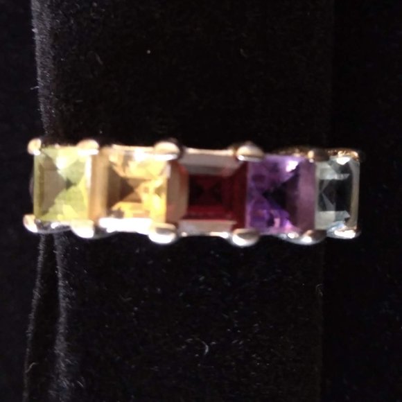 RAINBOW SEMI PRECIOUS 925 SILVER RING WITH HEART MOUNTING DETAIL - Picture 6 of 9